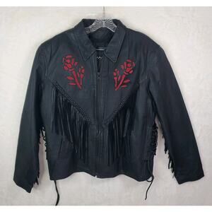 Vtg 80s Women Leather Biker Jacket XXL 2X Red Rose Tasselled Embossed Motorcycle